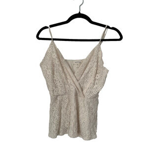 Monteau Los Angeles Peplum Top Size L Cream Lace Overlay Faux Wrap Babydoll Cami